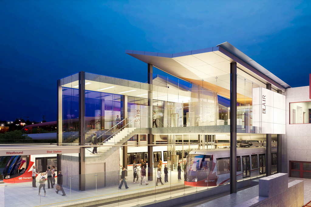 Artist conceptual drawing of the Blair Ottawa LRT station. The drawing showing the east and west bound trains at the multi-level station.